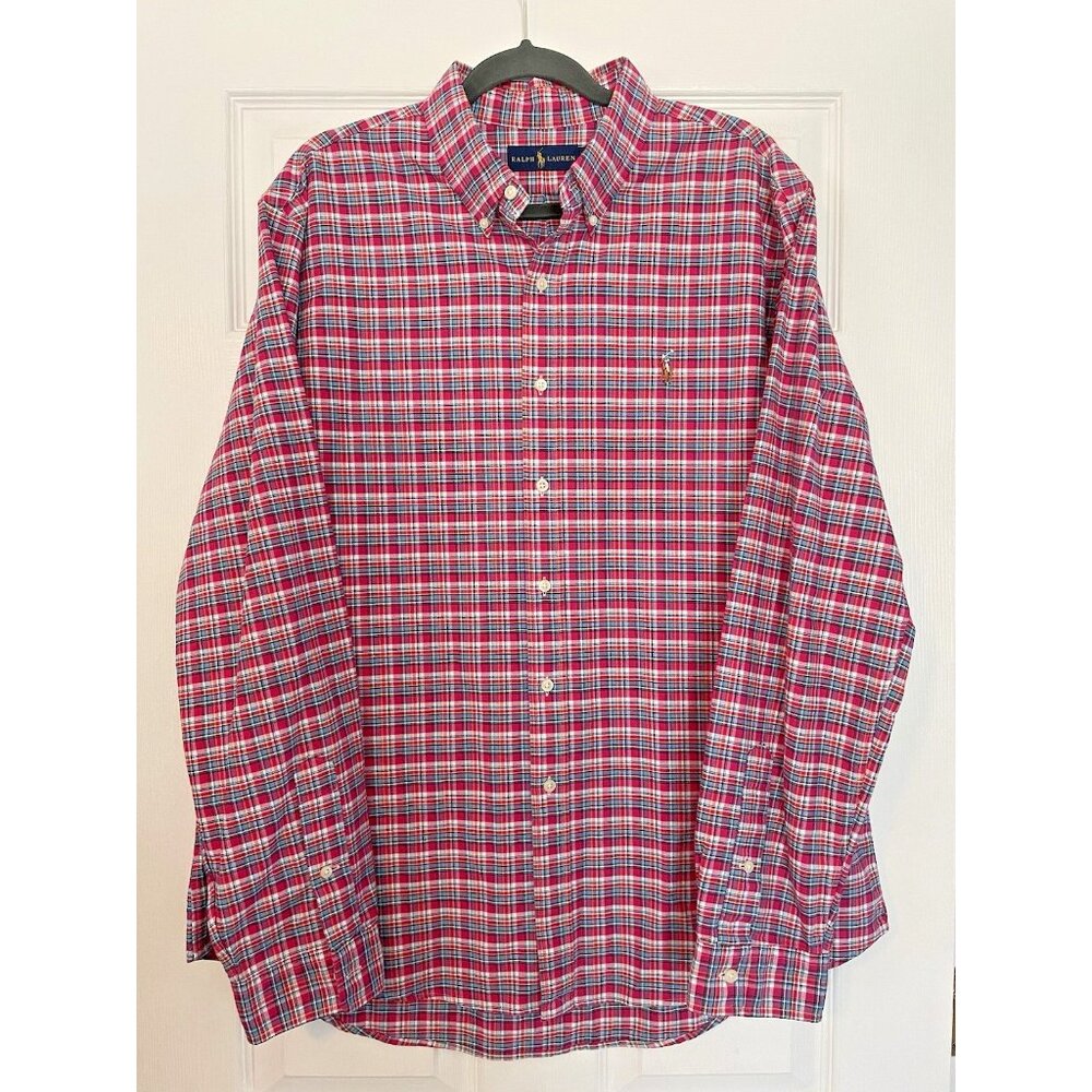 Ralph Lauren Men's‎ X-large Pink Plaid Long Sleeve Button Down Shirt Polo Thick